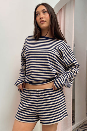 Lane Change Oatmeal and Navy Stripe Mini Shorts