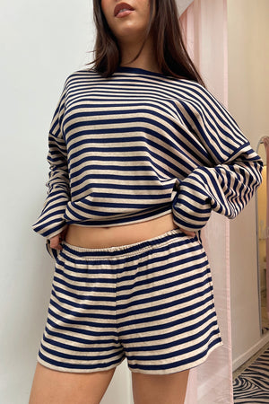 Lane Change Oatmeal and Navy Stripe Mini Shorts