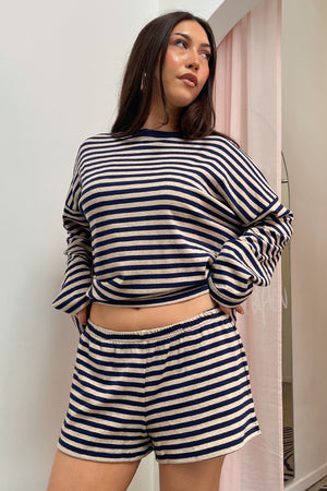 Lane Change Oatmeal and Navy Stripe Mini Shorts