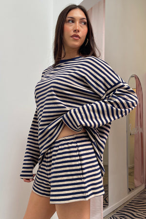 Lane Change Oatmeal and Navy Stripe Mini Shorts