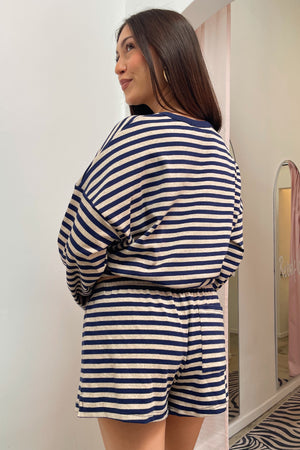 Lane Change Oatmeal and Navy Stripe Mini Shorts