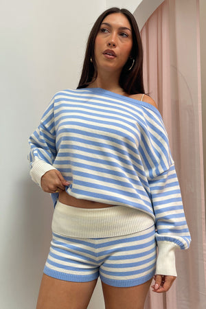 Ocean View Cream and Light Blue Stripe Foldover Mini Shorts