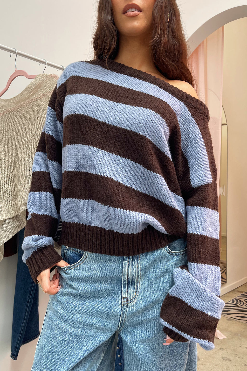 Rule Breaker Blue and Brown Stripe Off the Shoulder Knit Sweater