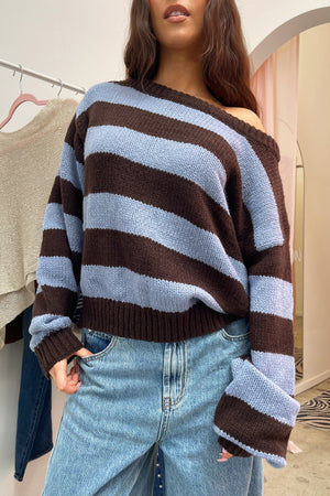 Rule Breaker Blue and Brown Stripe Off the Shoulder Knit Sweater