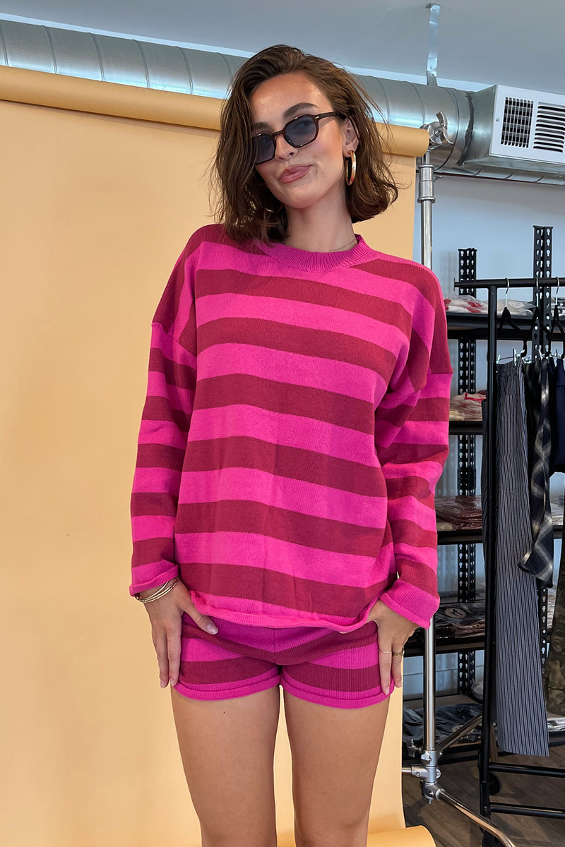 Til the End Magenta Stripe Knit Sweater