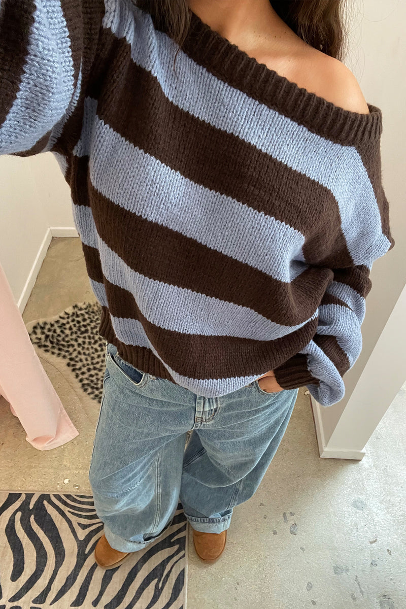 Rule Breaker Blue and Brown Stripe Off the Shoulder Knit Sweater