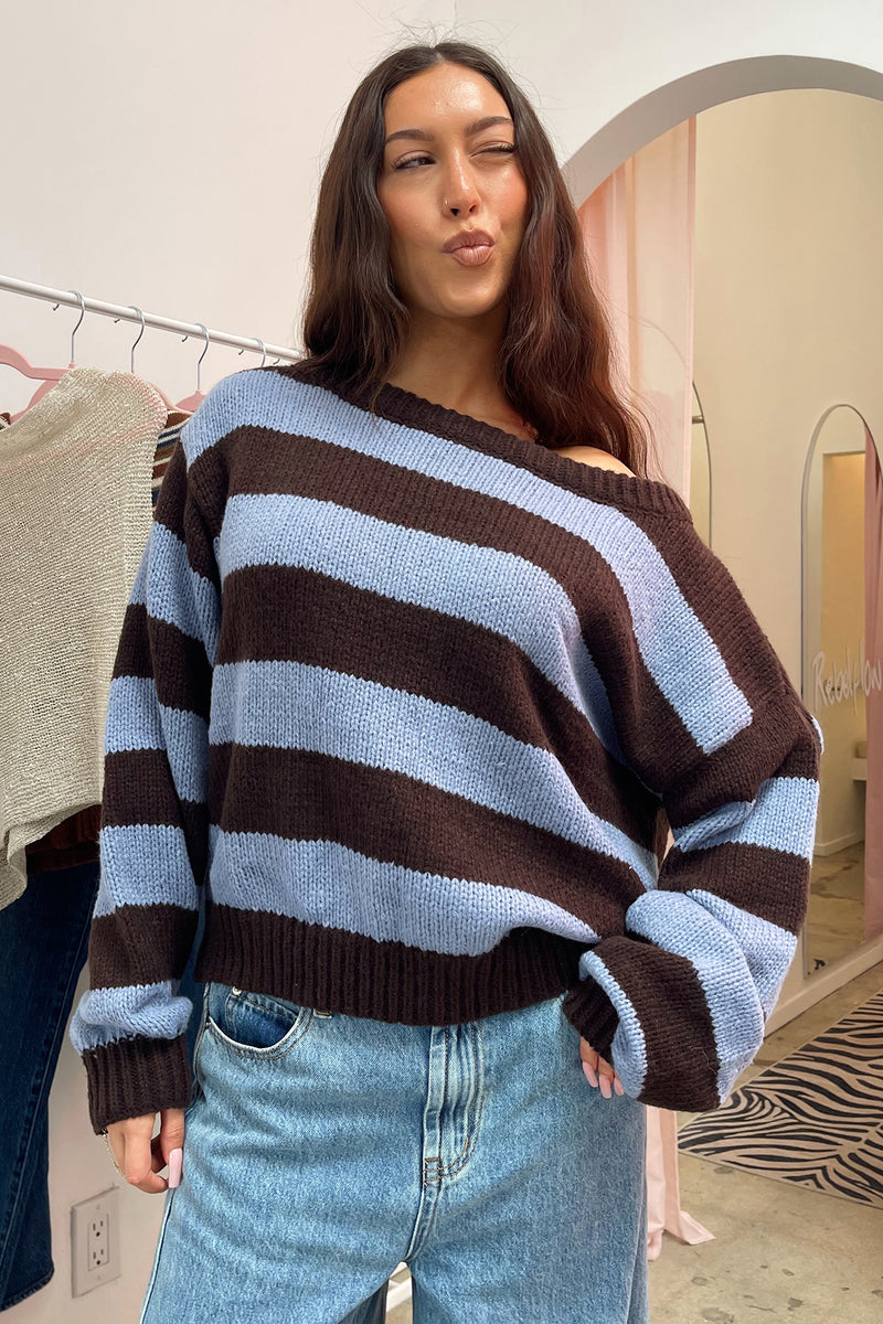 Rule Breaker Blue and Brown Stripe Off the Shoulder Knit Sweater