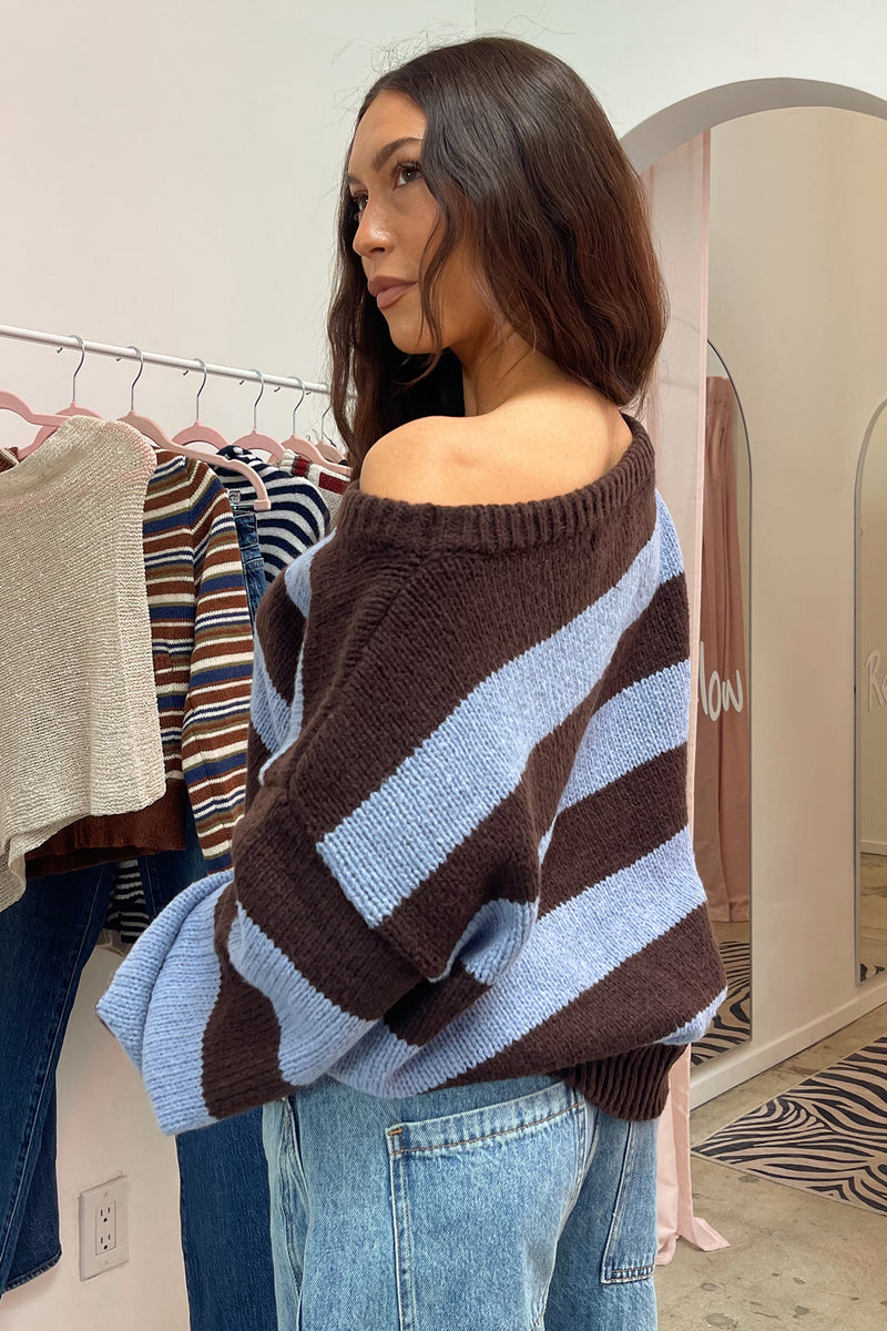 Rule Breaker Blue and Brown Stripe Off the Shoulder Knit Sweater