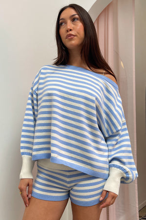 Ocean View Cream and Blue Stripe Sweater Top