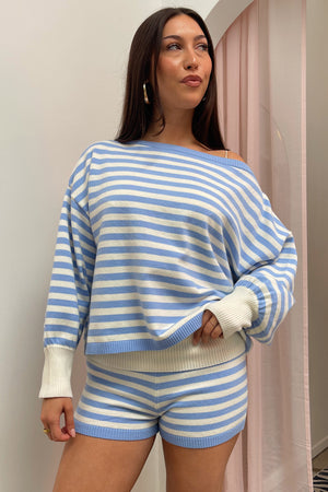 Ocean View Cream and Blue Stripe Sweater Top