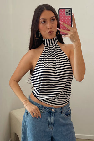 On Tempo Navy and White Stripe Halter Tie Top