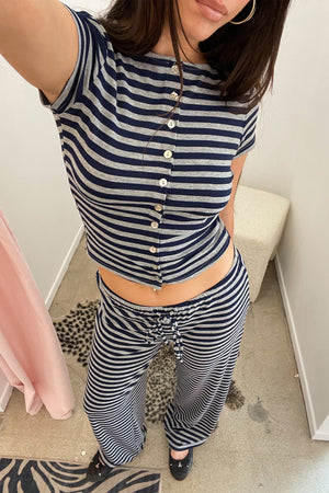 Laidback Navy and Heather Grey Stripe Button Up Top