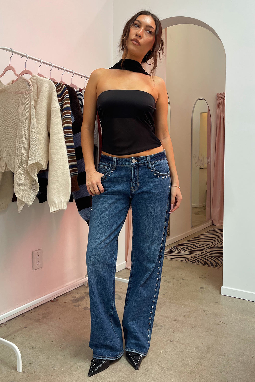 Blindside Medium Blue Low Rise Studded Jeans