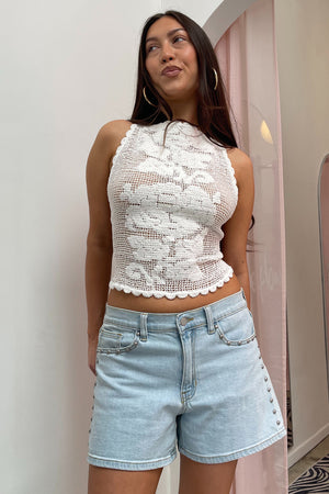 Walk of Fame Light Wash Denim with Silver Stud Mini Shorts