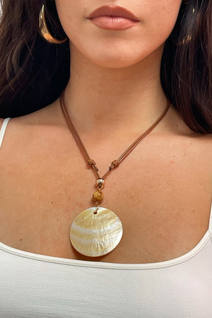 Cream Shell and Bead with Tan Cord Necklace