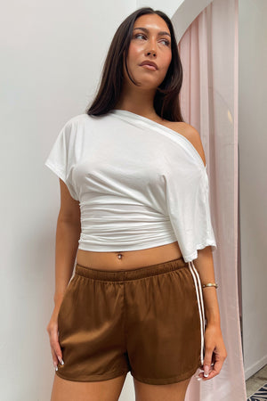 Sidelines Brown with Cream Side Stripe Satin Shorts