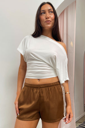 Sidelines Brown with Cream Side Stripe Satin Shorts
