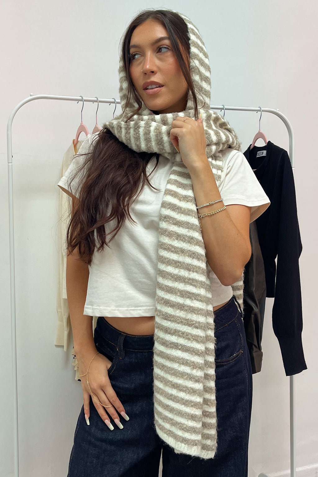 Switching Lanes Tan and Cream Stripe Scarf