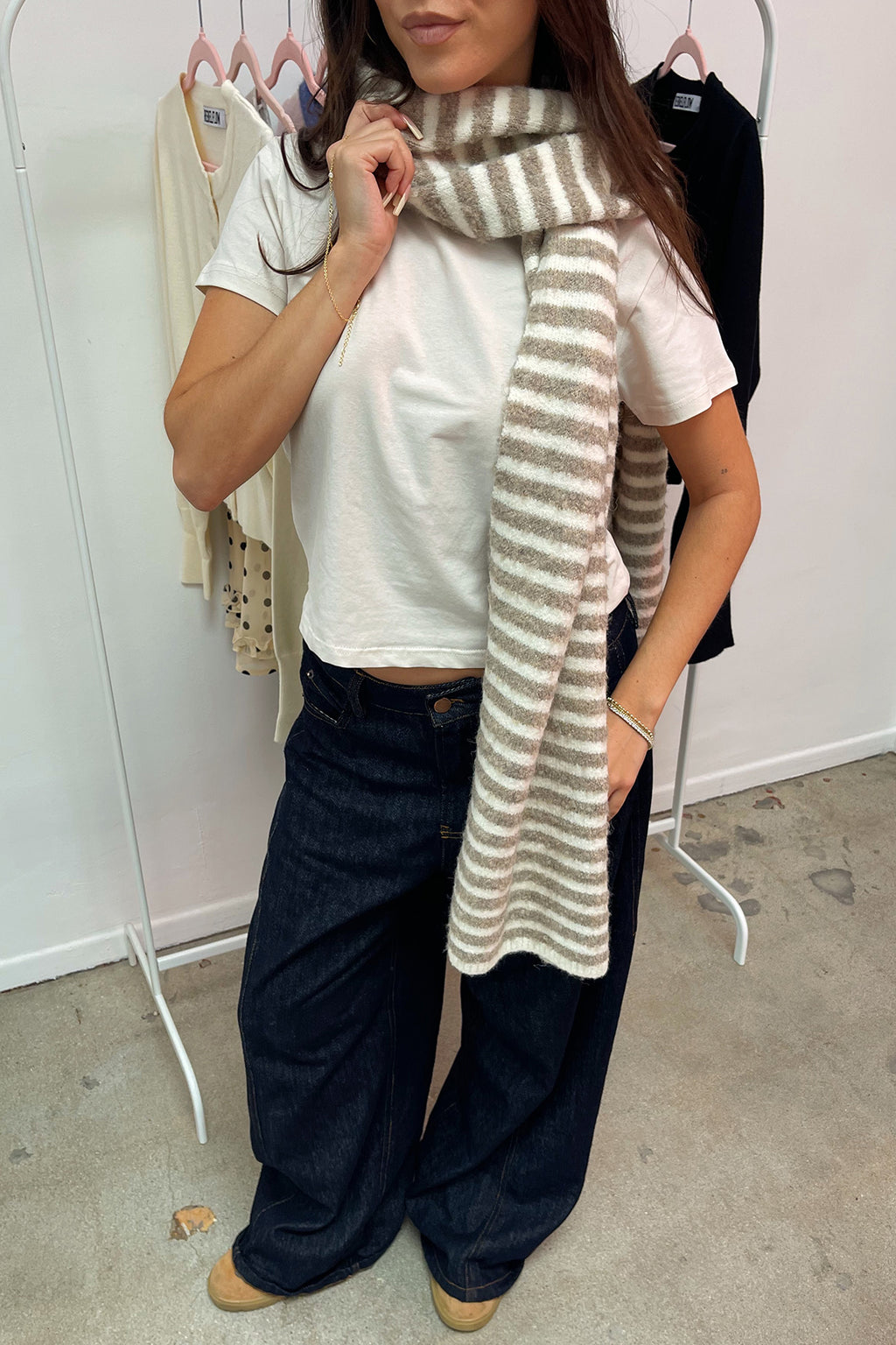Switching Lanes Tan and Cream Stripe Scarf