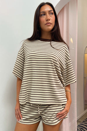 Let It Be Light Brown with Multi Colored Stripe Tee