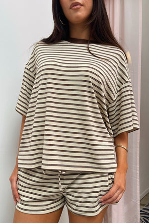 Let It Be Light Brown with Multi Colored Stripe Tee