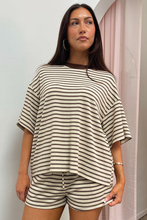 Let It Be Light Brown with Multi Colored Stripe Tee