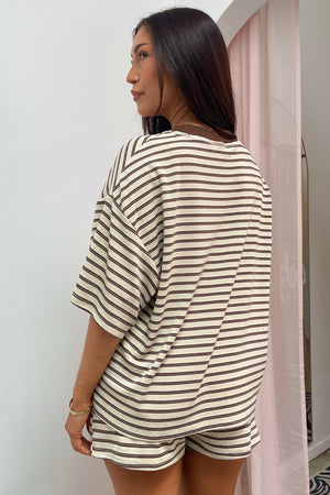 Let It Be Light Brown with Multi Colored Stripe Tee