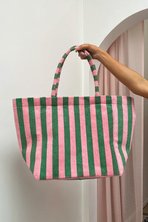 Beach Bum Pink and Green Stripe Terry Tote Bag