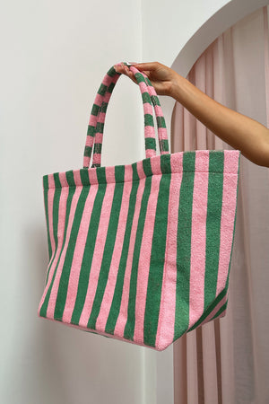 Beach Bum Pink and Green Stripe Terry Tote Bag
