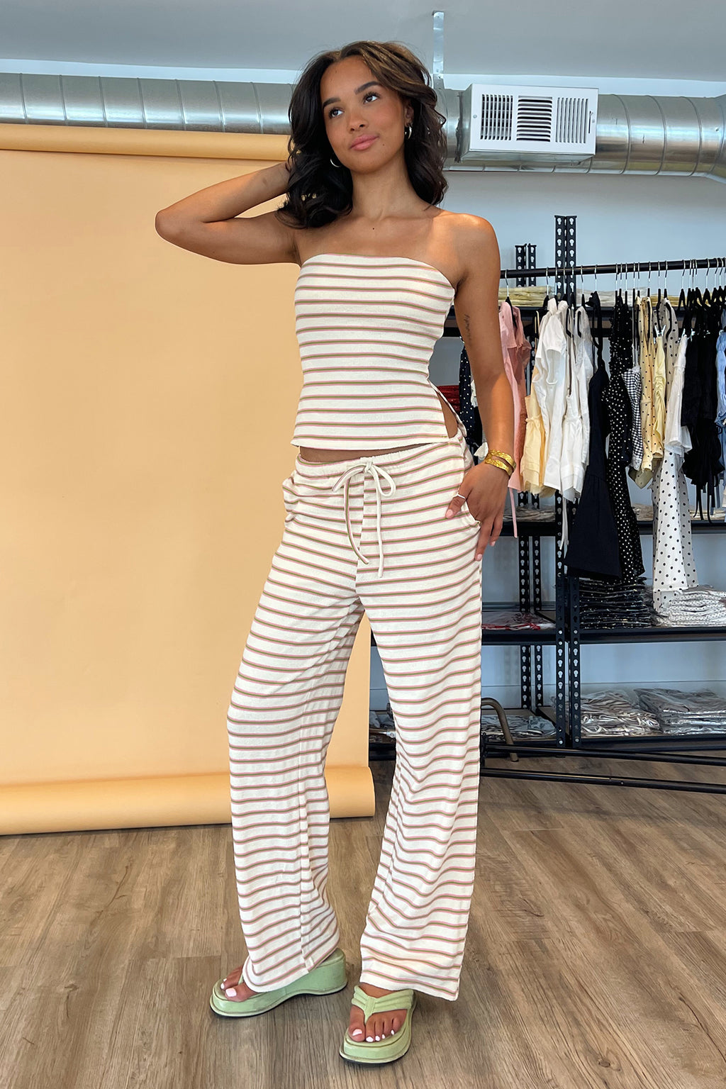 Palm Springs Cream with Pink and Green Stripe Terry Pants