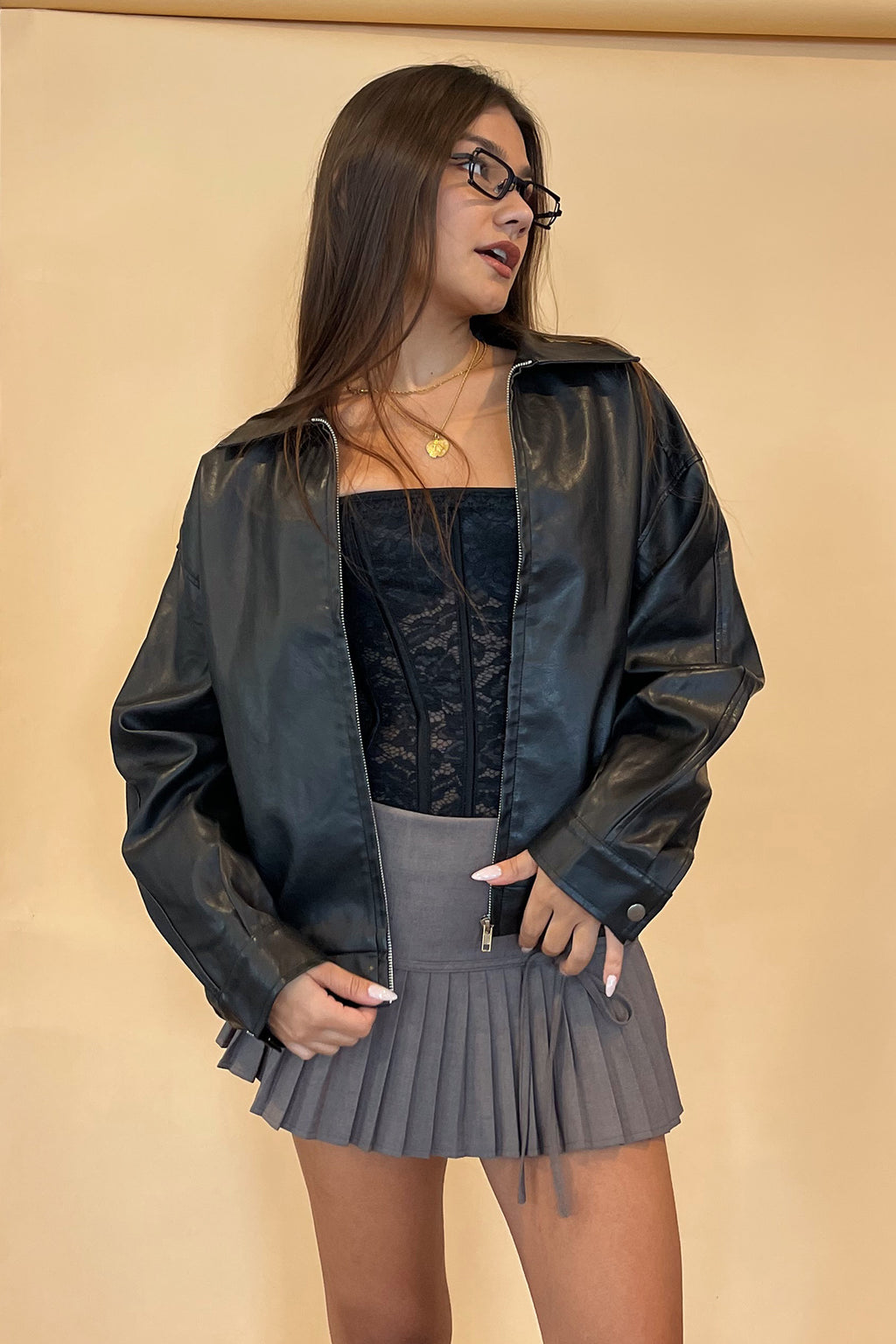 All Time Black Washed Faux Leather Oversized Jacket