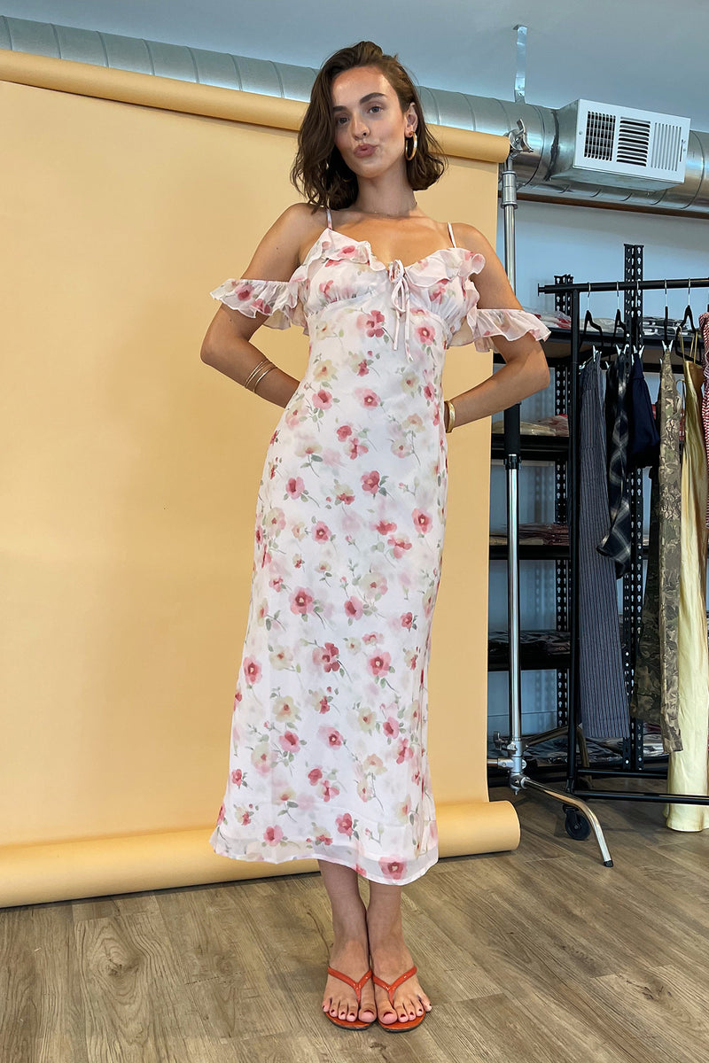 Bridgette Light Pink Watercolor Floral Midi Dress