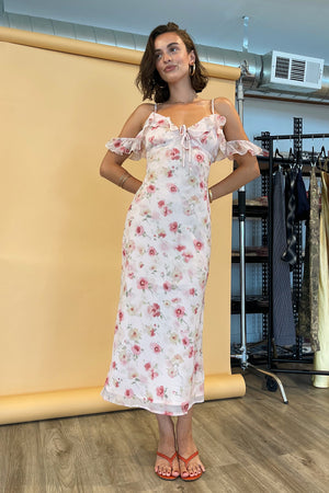 Bridgette Light Pink Watercolor Floral Midi Dress