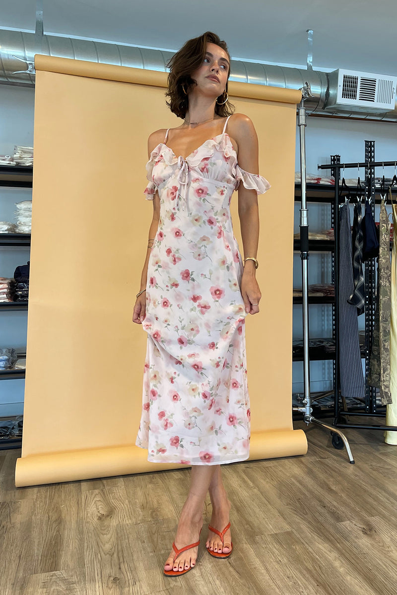 Bridgette Light Pink Watercolor Floral Midi Dress