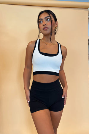 Tennis Court White with Black Trim Ribbed Tank