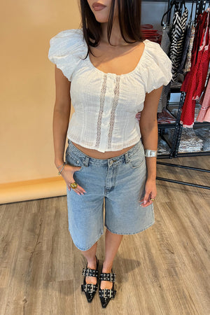 Plein Air White Eyelet Puff Sleeve Button Up Top