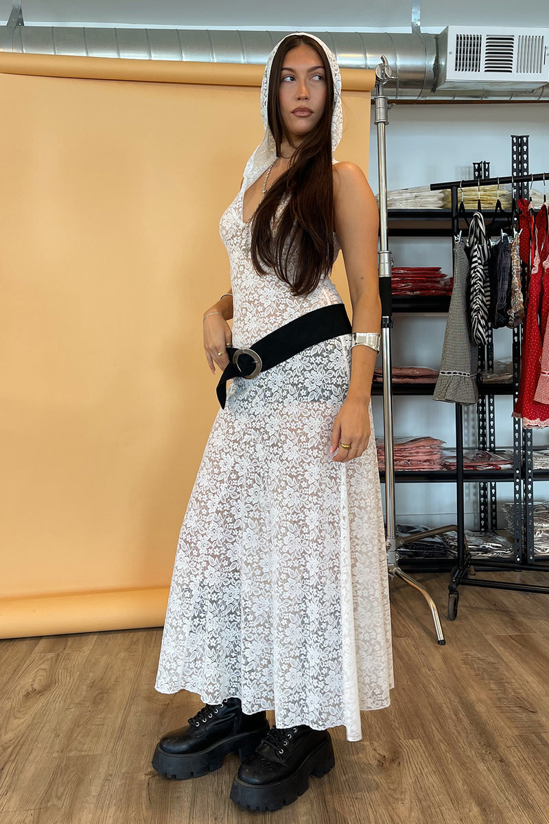 Skye White Lace Maxi Dress with Hood