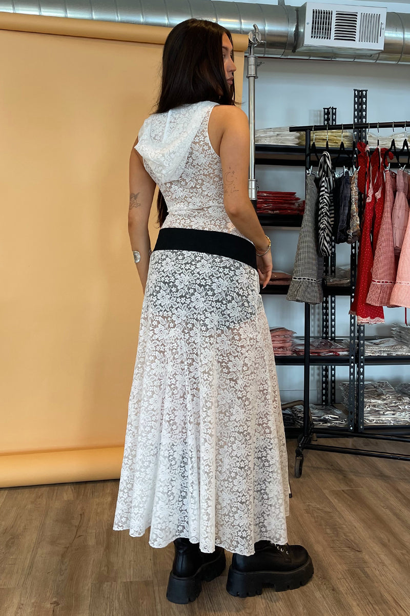 Skye White Lace Maxi Dress with Hood