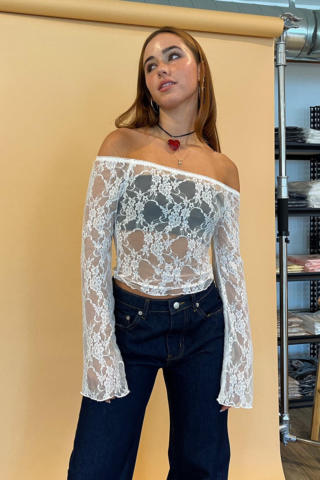 Adelia White Lace Off the Shoulder Long Sleeve Top