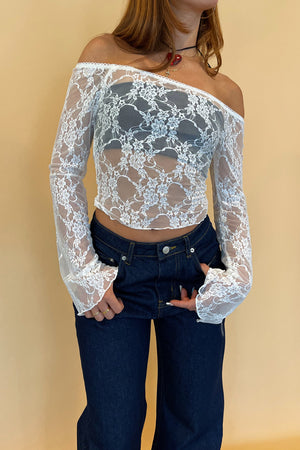 Adelia White Lace Off the Shoulder Long Sleeve Top