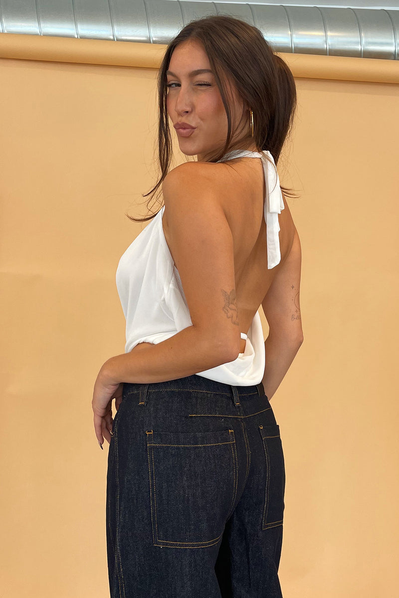 Til Dawn White Mesh Tie Neck Halter Tank Top