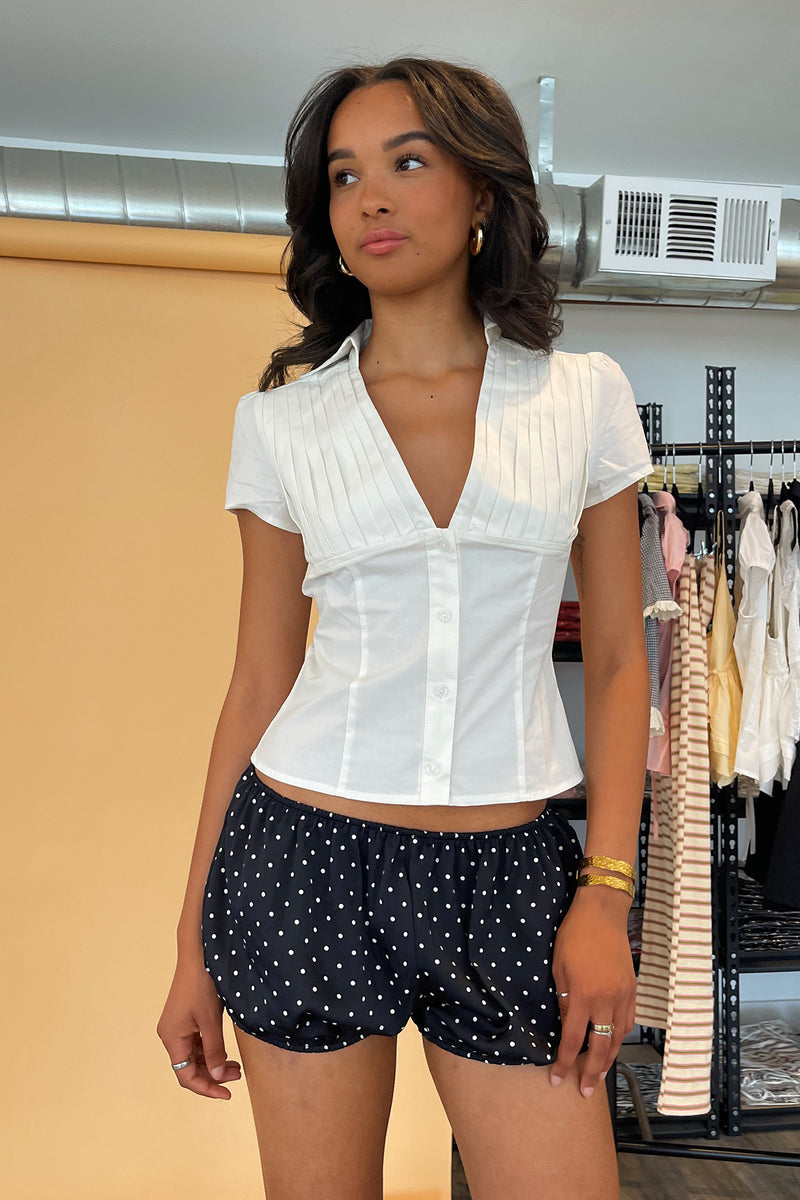 Erin White Pleated Front Collared Top