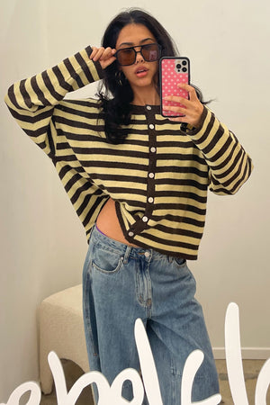 Mixed Signals Yellow and Brown Stripe Button Up Cardigan