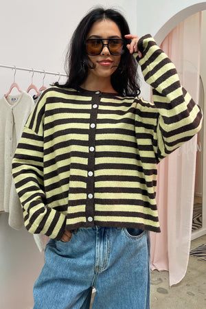 Mixed Signals Yellow and Brown Stripe Button Up Cardigan