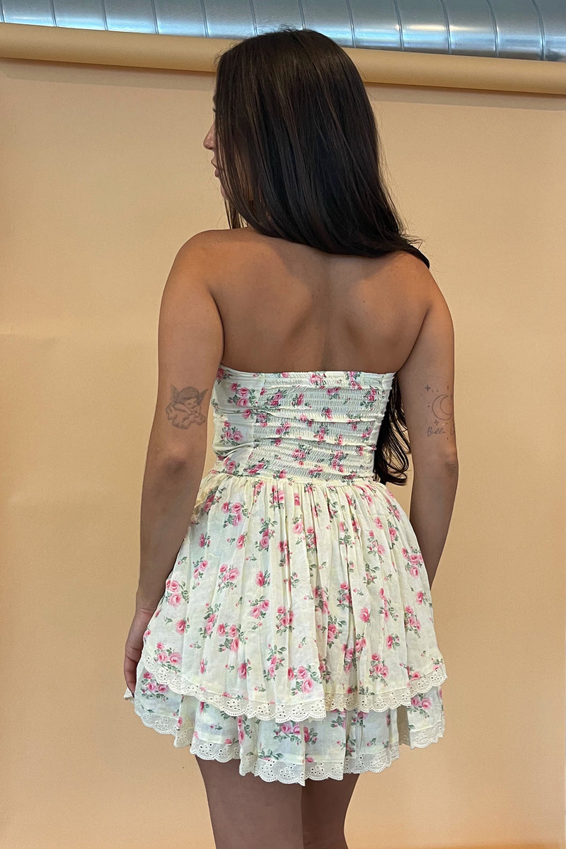 Mina Yellow Floral with Eyelet Trim Strapless Mini Dress