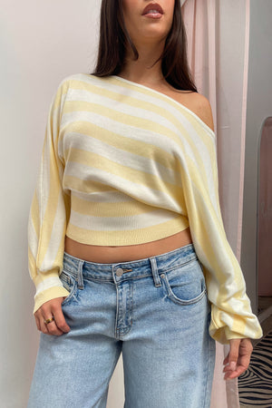 Delphine Yellow Stripe Off the Shoulder Sweater Top