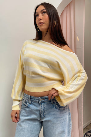 Delphine Yellow Stripe Off the Shoulder Sweater Top