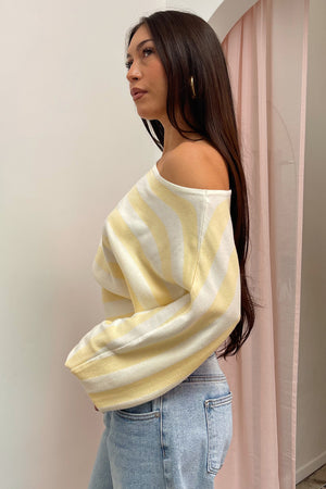Delphine Yellow Stripe Off the Shoulder Sweater Top