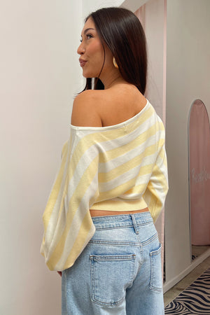 Delphine Yellow Stripe Off the Shoulder Sweater Top