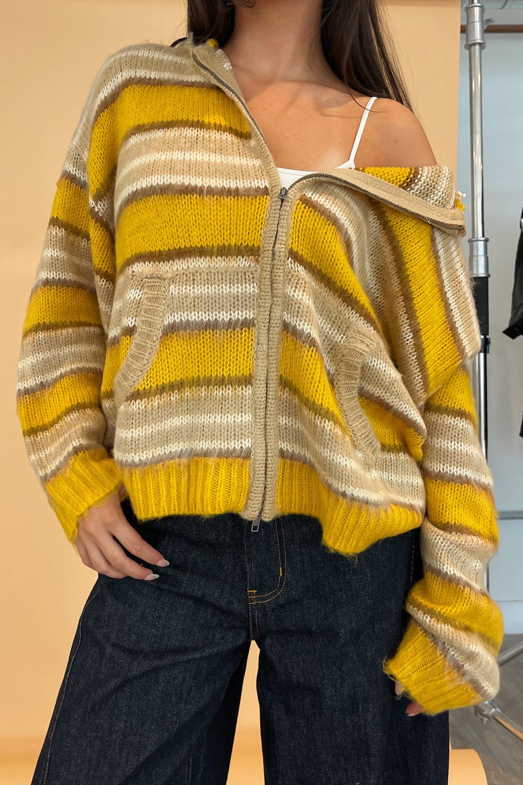 Teddy Yellow and Taupe Stripe Fuzzy Knit Zip Up Hoodie
